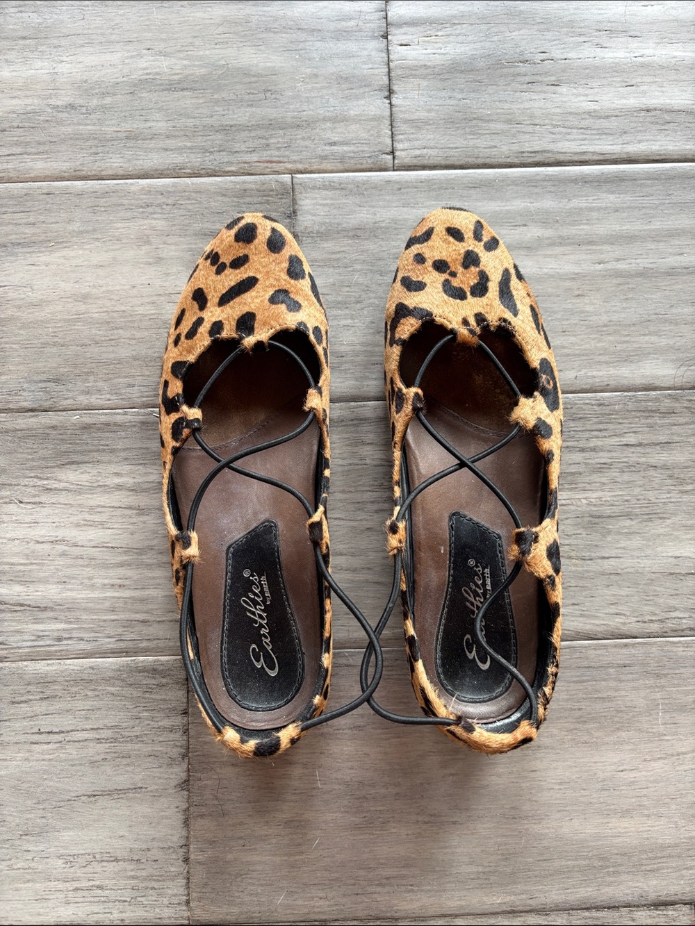 Earthies Leopard-Print Lace-Up Flats in Tan and Black